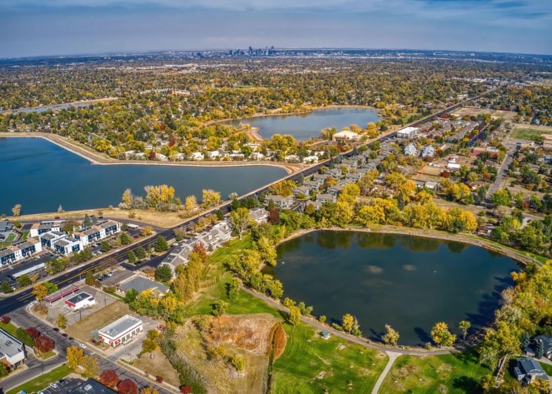 Aerial view of autumn colors in Lakewood, Colorado.
