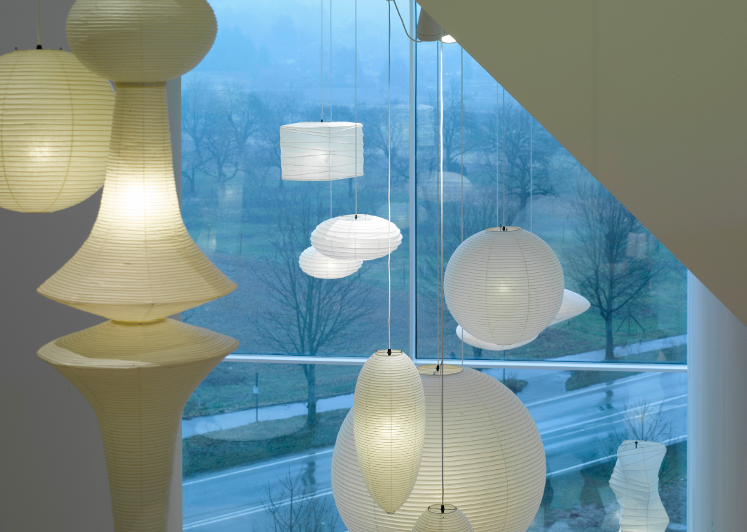 Display of Noguchi Akari Lamps at a museum.