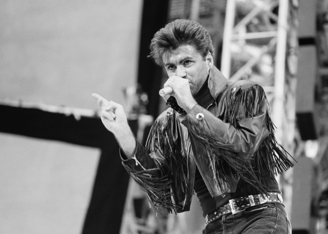 George Michael of Wham! performing at the pop duo's farewell concert.