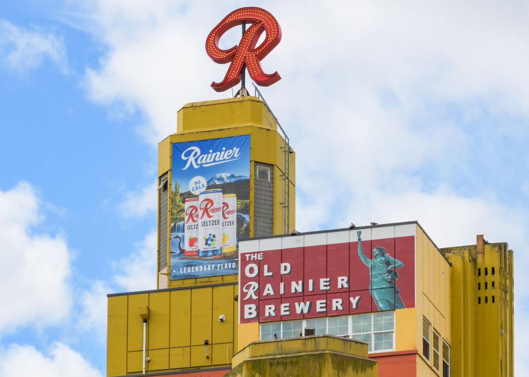 Cropped view of the signage at the Old Rainier Brewery in Seattle.
