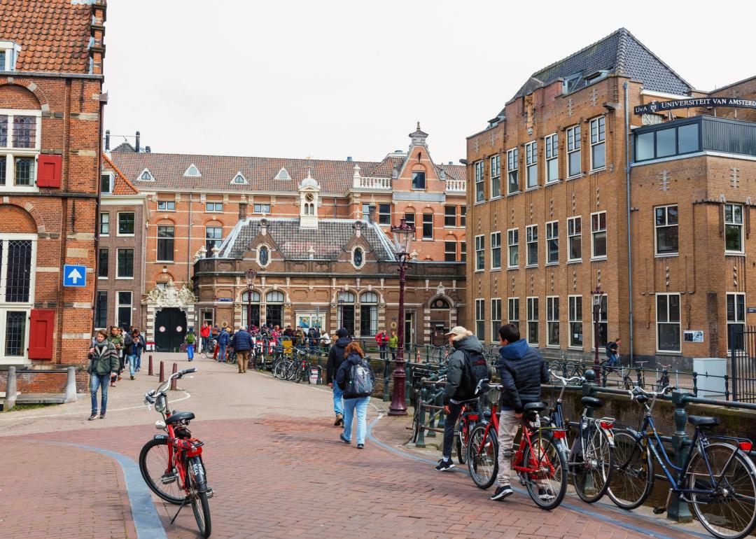 Students and bicycles at Amsterdam university.