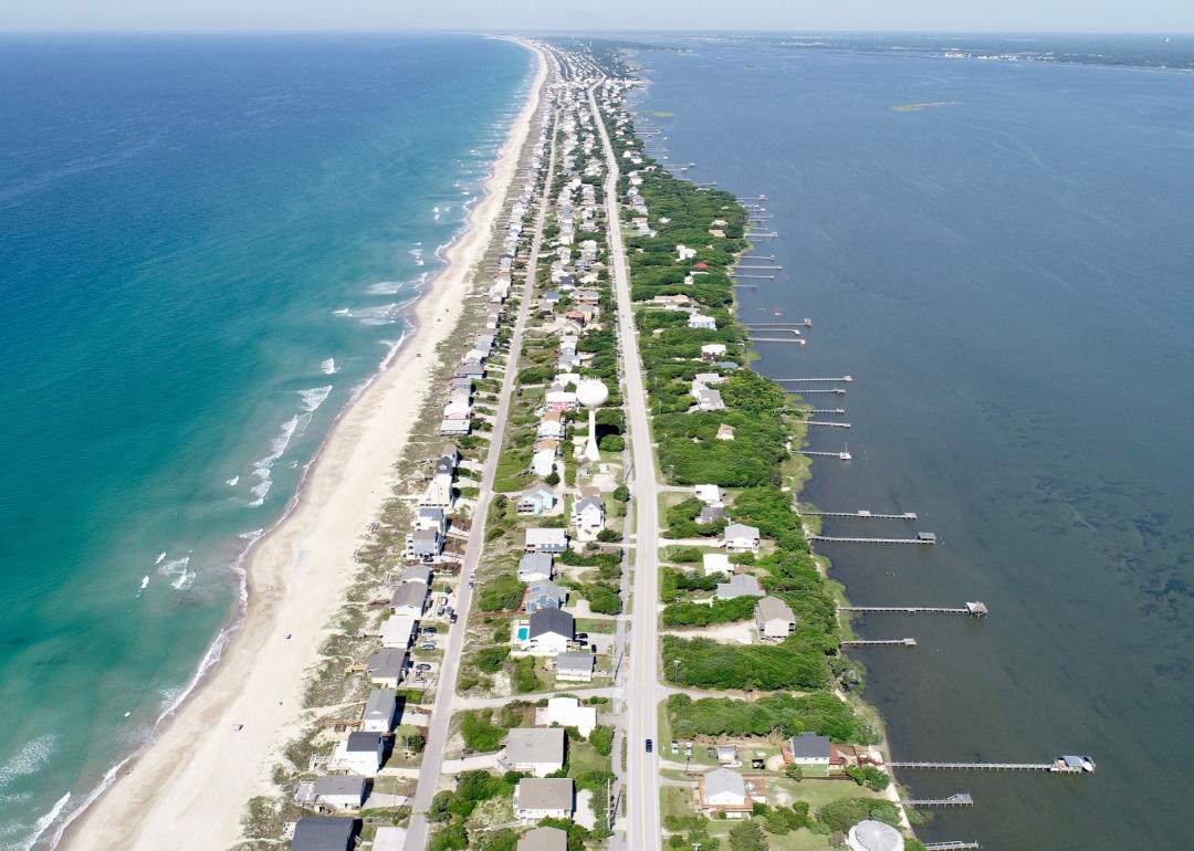 An aerial view of homes and beaches on Emerald Isle.
