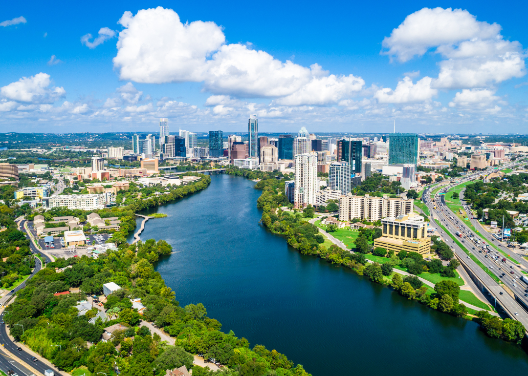 Aerial view of river and skyline.