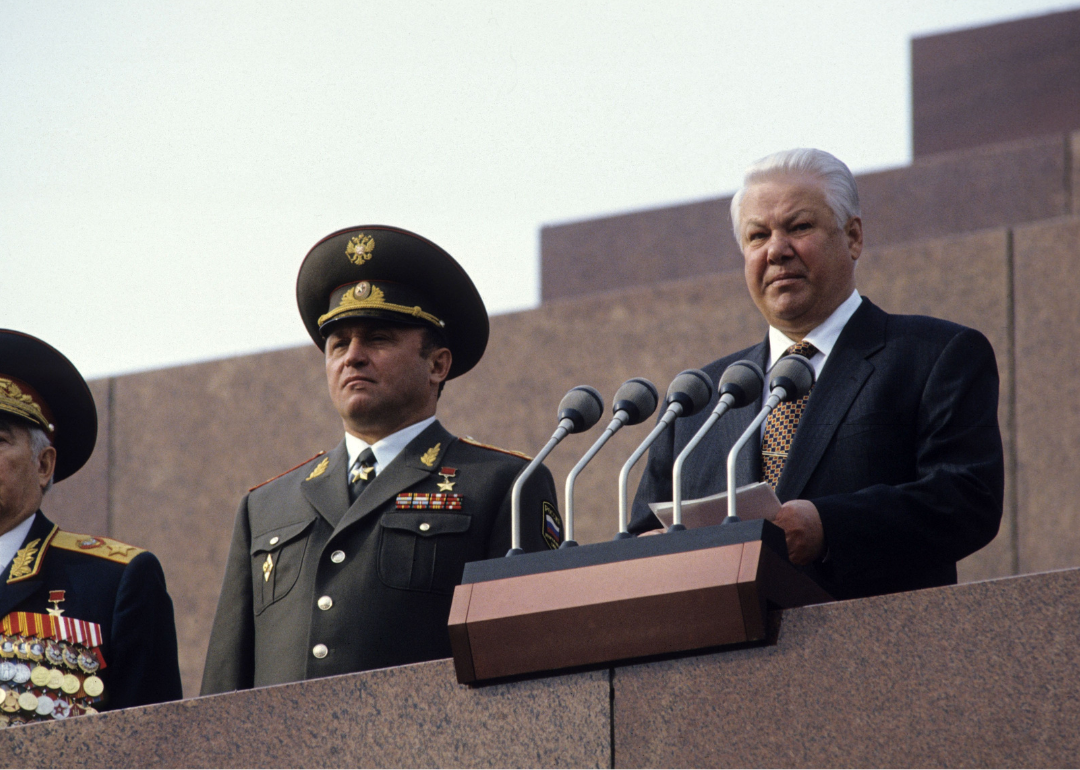 Boris Yeltsin gives a speech during Victory Day Parade