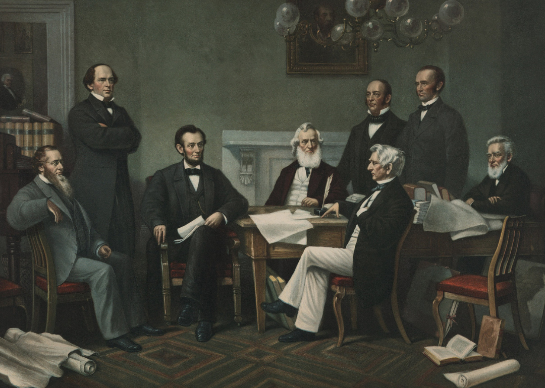 Illustration of President Lincoln reading the Emancipation Proclamation before cabinet.