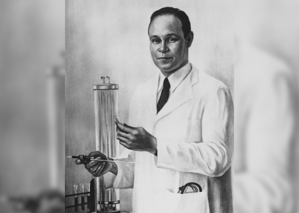 Illustration of Charles R Drew posing in a lab coat with laboratory equipment.