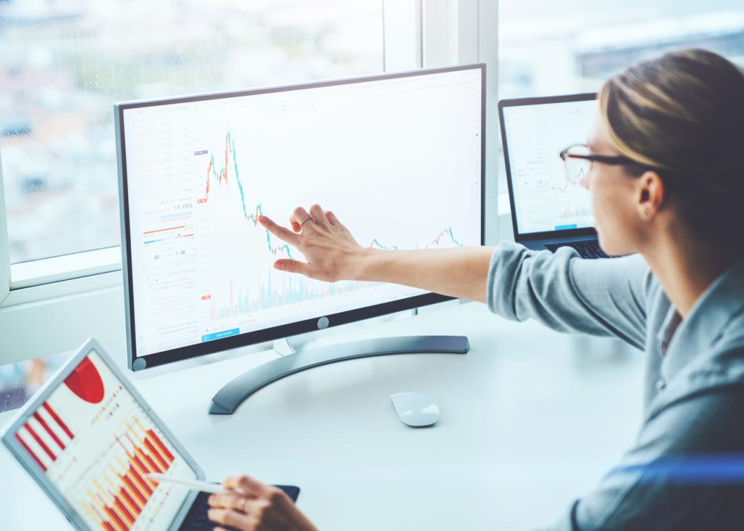 Woman reviewing financial charts and graphs on monitor.