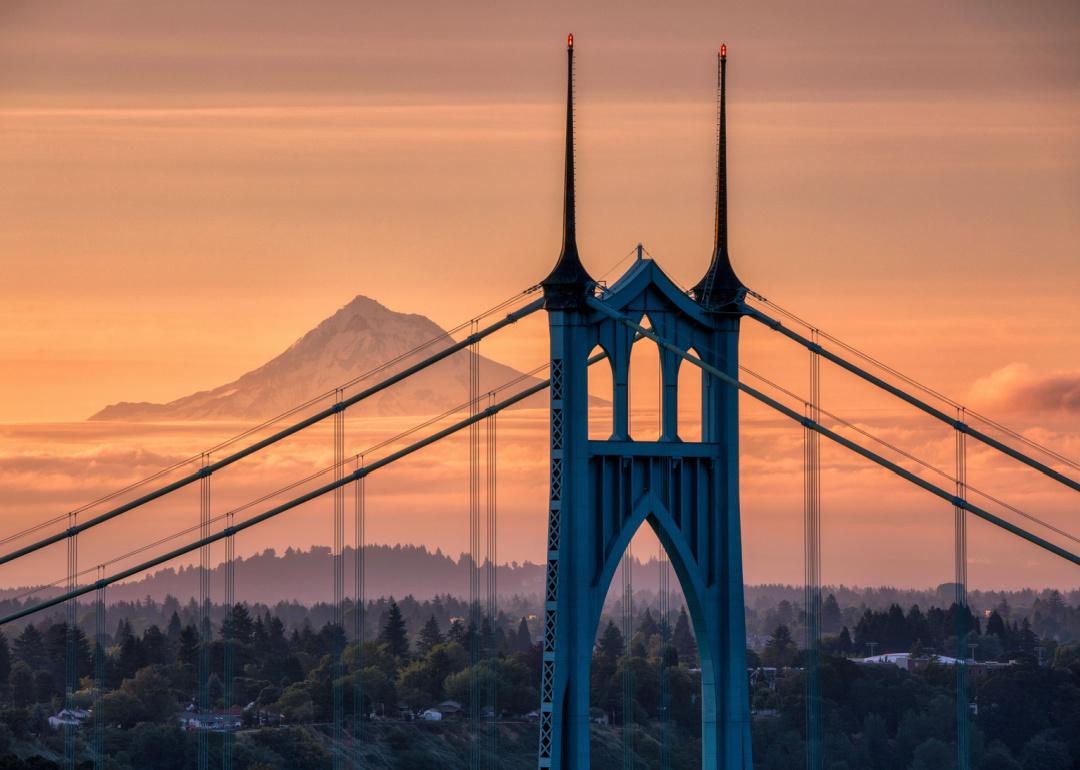 Portland sunrise over St. Johns bridge and Mt. Hood.