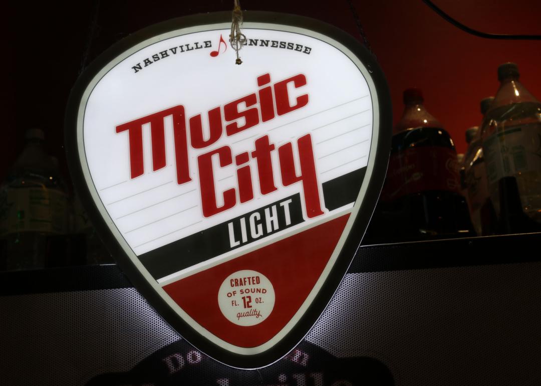 Close up on a sign for Nashville’s Music City light beer.