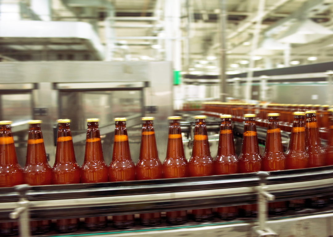 Bottled beer moving along a conveyer.