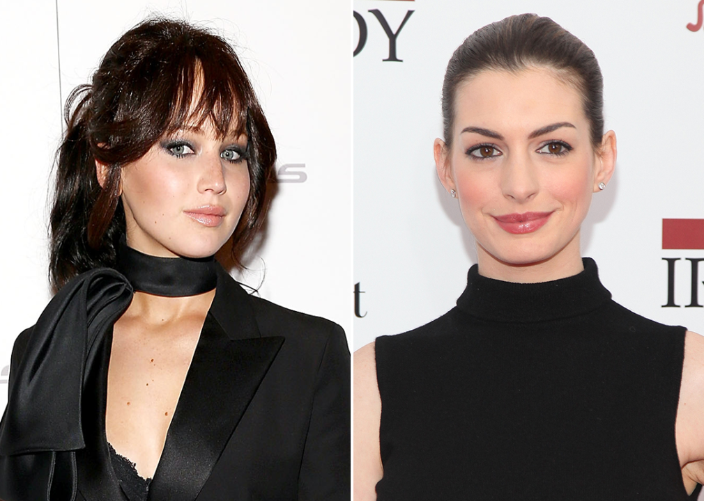 On left, Jennifer Lawrence attends ‘Silver Linings Playbook’ premiere; on right, Anne Hathaway in 2011.