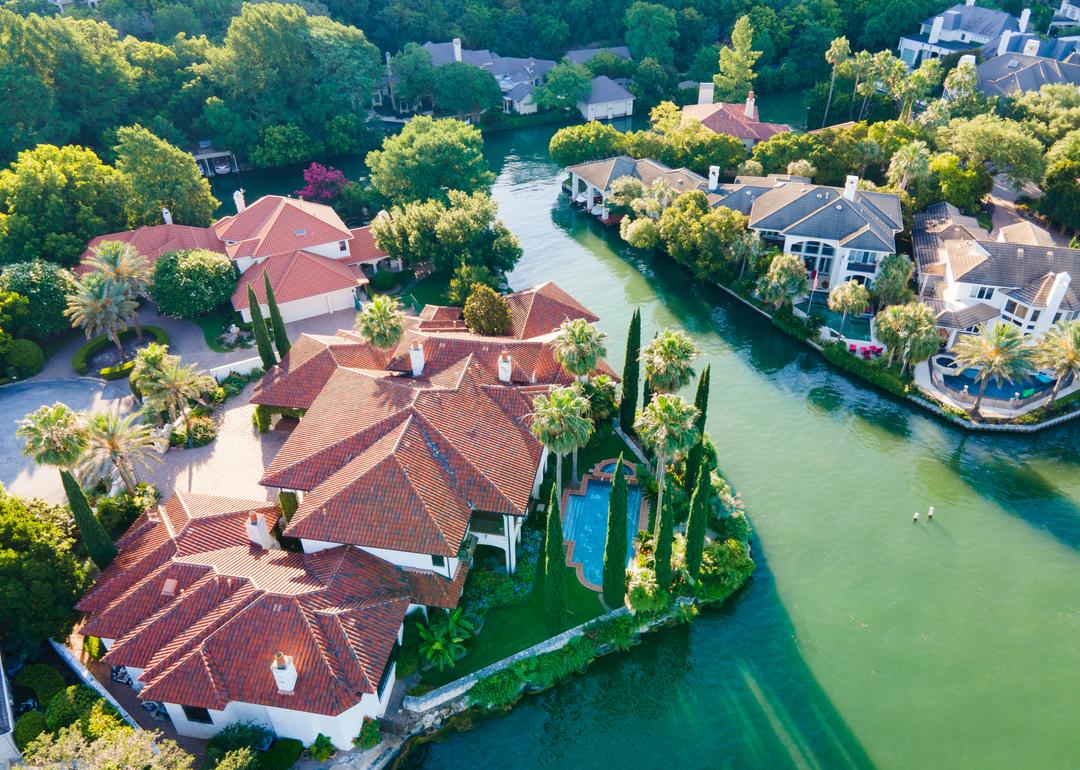 An aerial view overlooking a neighborhood in West Lake Hills, Texas.