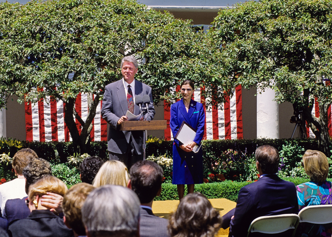 President Bill Clinton with Judge Ruth Bader Ginsburg in the Rose Garden of the White House.