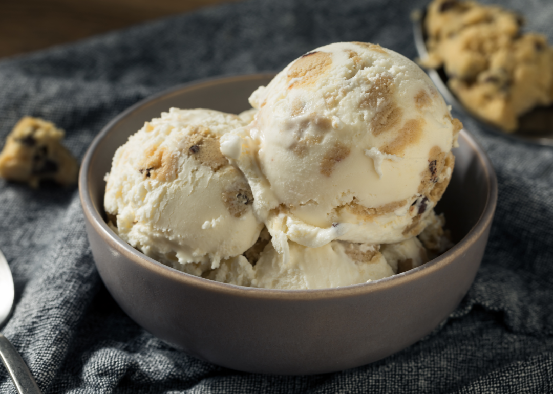 Close up bowl of cookie dough ice cream.