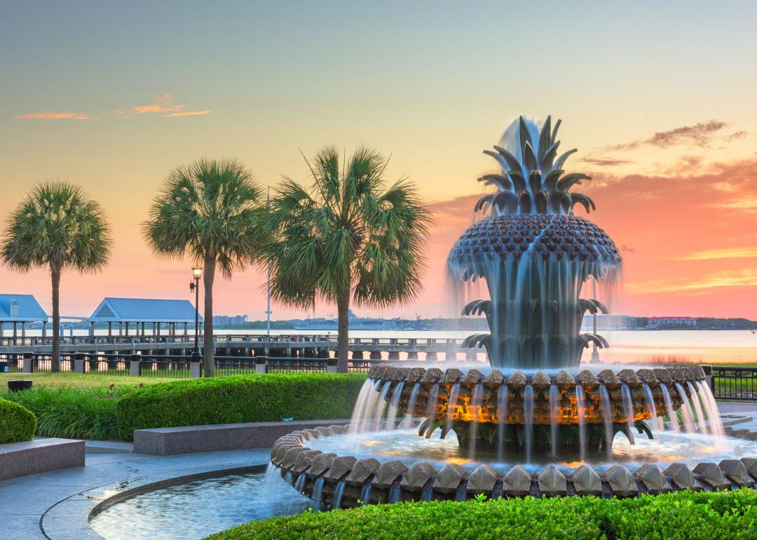 Charleston waterfront park fountain at dawn.