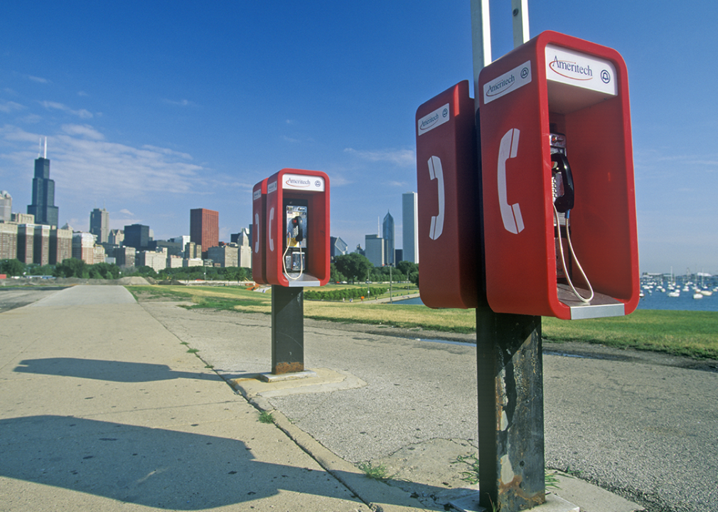 Payphones and Chicago skyline.