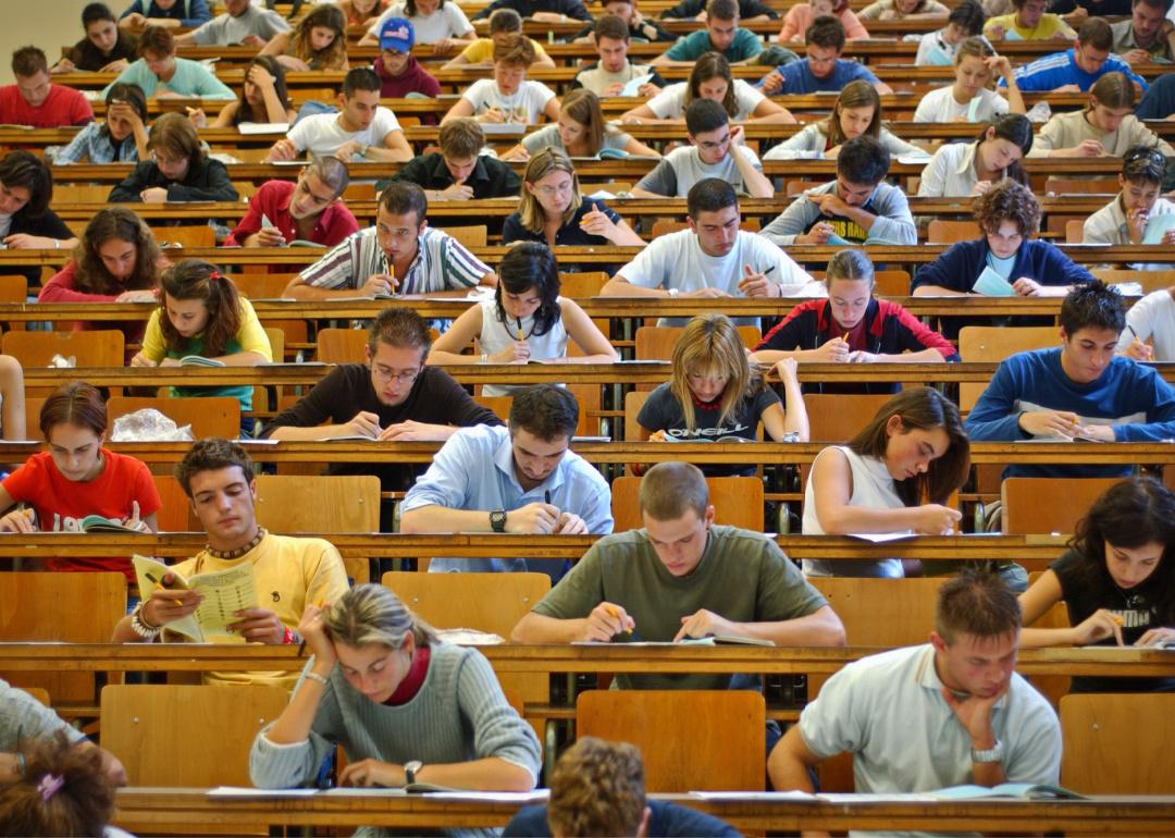Students take tests at a university in Turin, Italy.