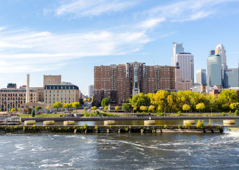 Minnesota: Hennepin County Downtown Minneapolis overlooking Mississippi River.