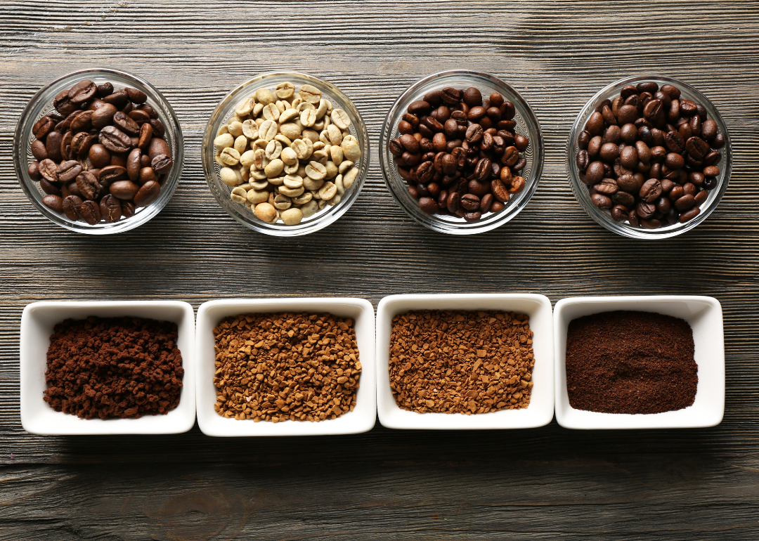A variety of ground and unground coffee beans.