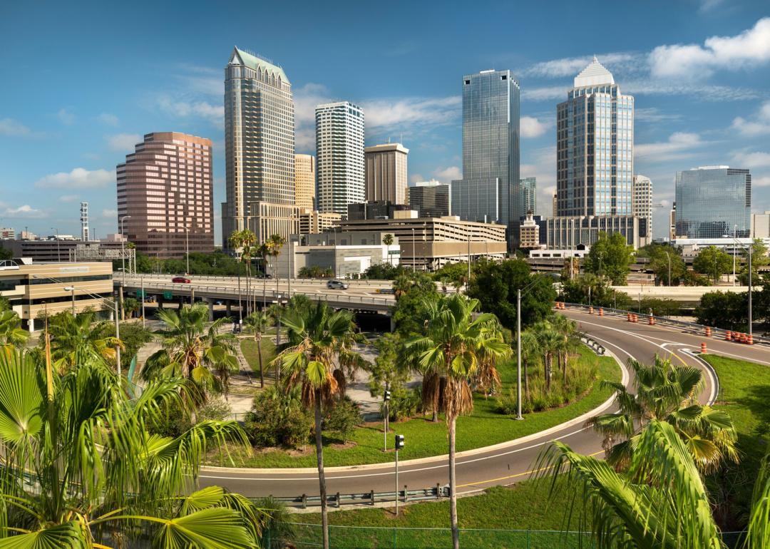 Skyline, freeway and riverwalk.