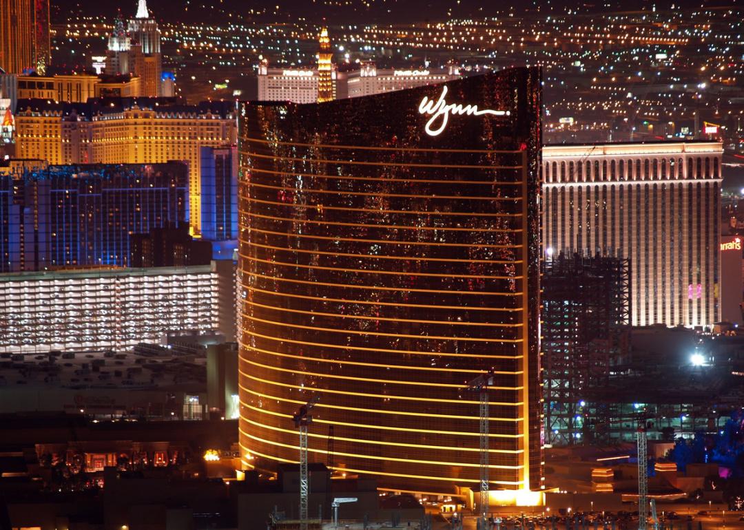 Aerial view of the Wynn Casino and Las Vegas at nights.