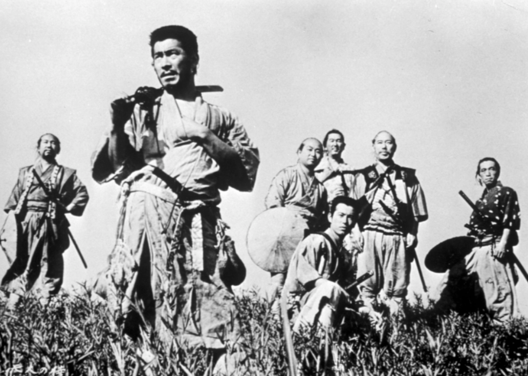 Actors Toshirô Mifune, Minoru Chiaki, Yoshio Inaba, Daisuke Katô, Isao Kimura, Seiji Miyaguchi, and Takashi Shimura in a film still from ‘Seven Samurai.