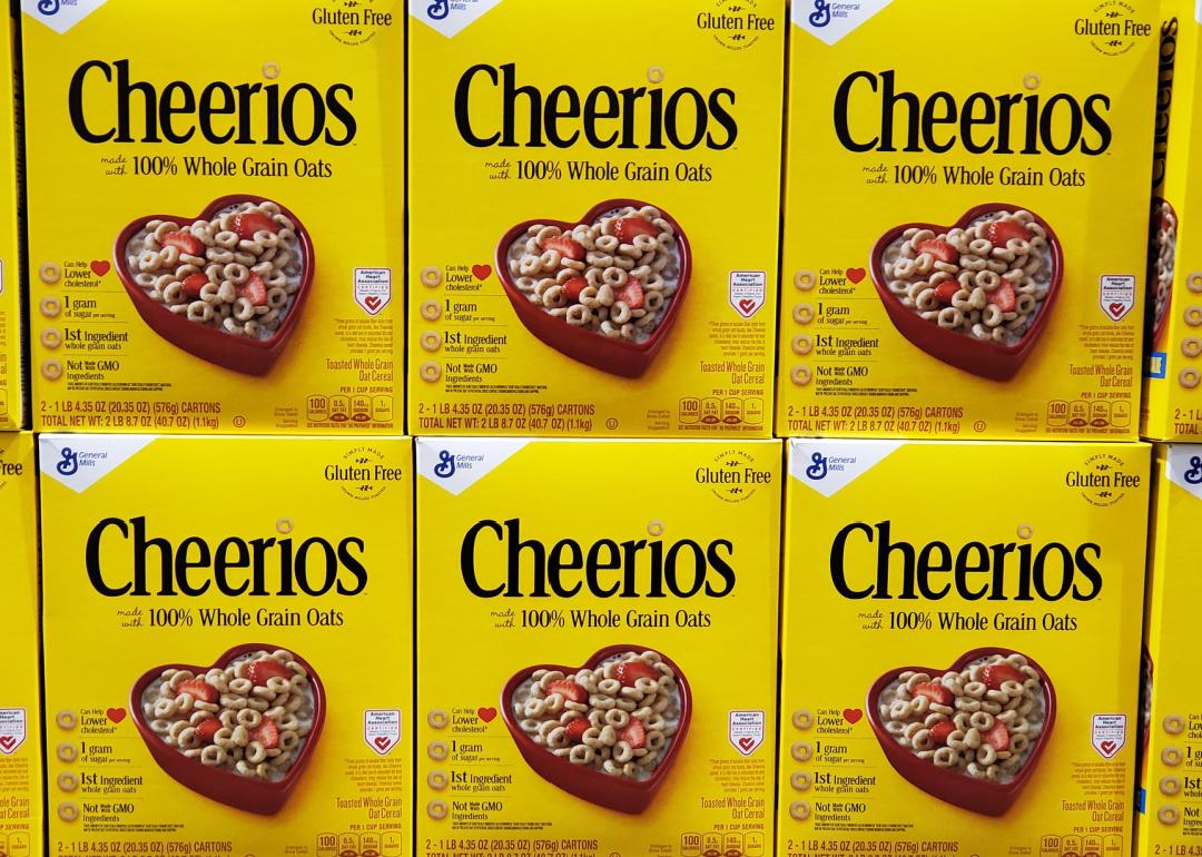 Stacked boxes of Cheerios cereal.