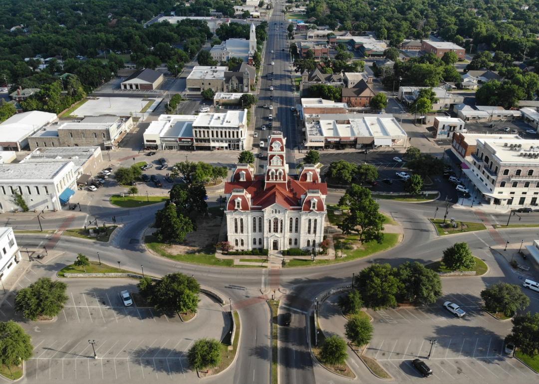 Aerial view of court house in Weatherford.