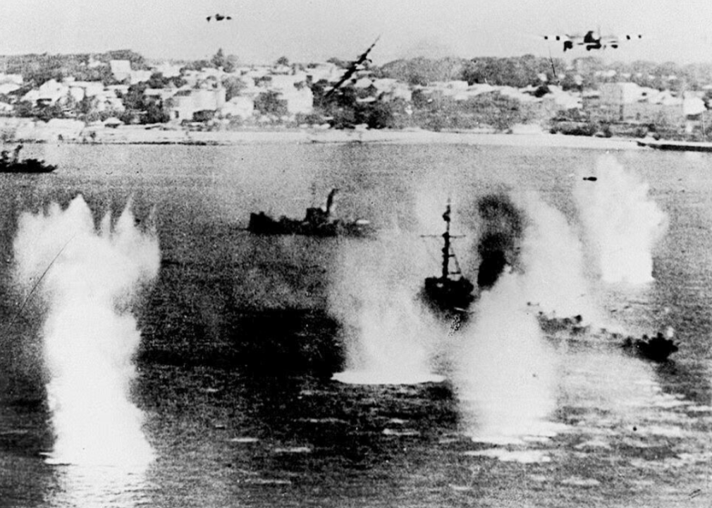 Allied ships are attacked by German fighters on June 6, 1944.