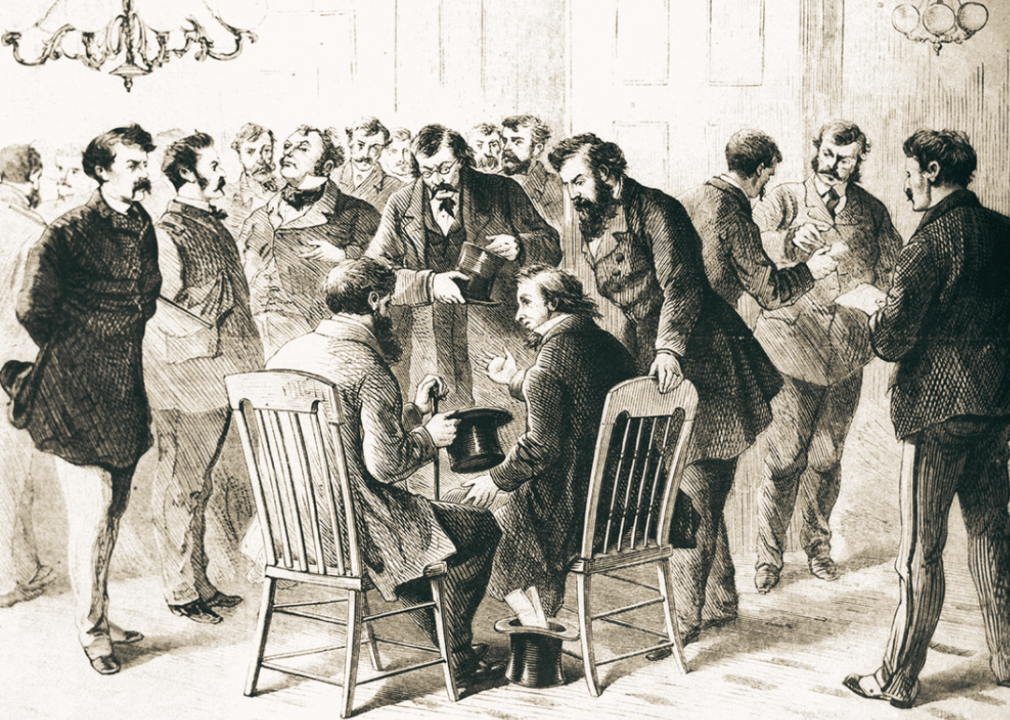 Woodcut by Theo R. Davis showing lobbyists at the reception room at General Grant's headquarters.