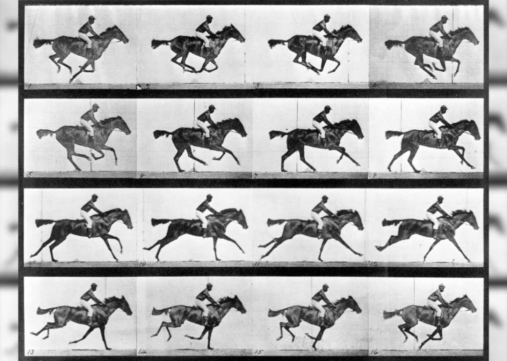 Time-lapse photographs of a man riding a galloping horse.