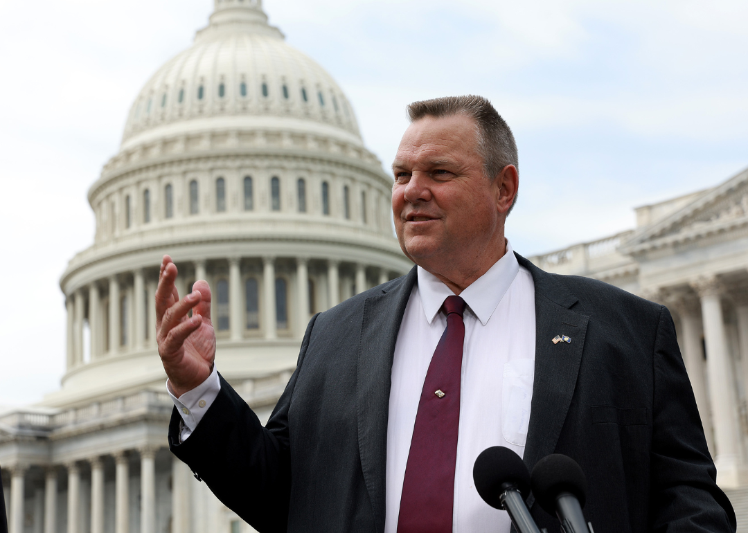 Senator Jon Tester speaks during a press conference.