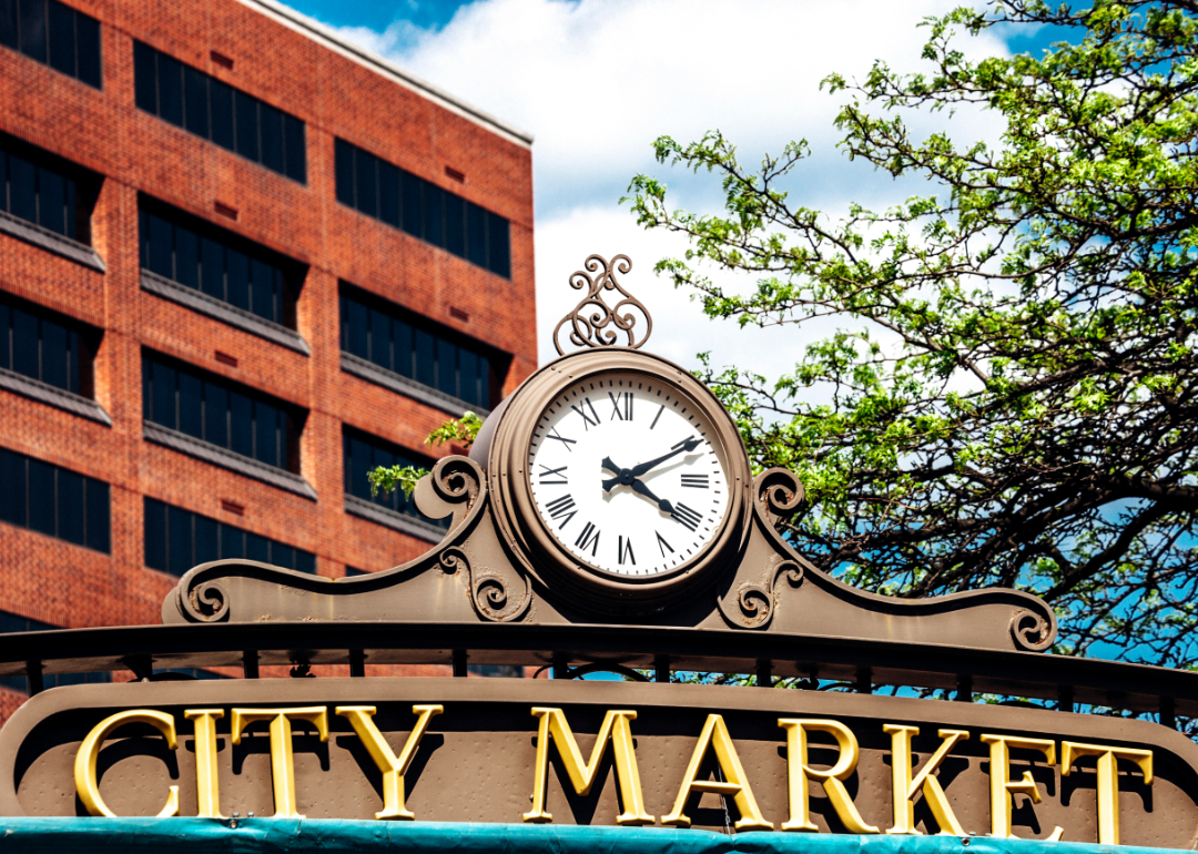 Close up exterior “City Market” sign and clock.