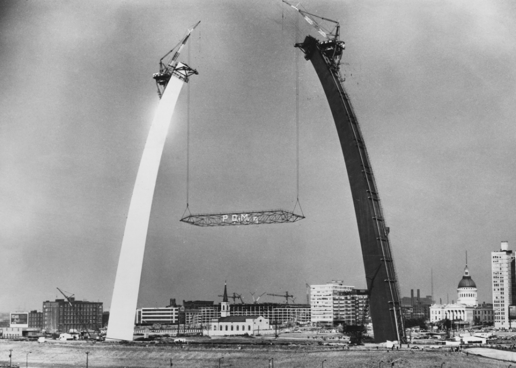 The Gateway Arch monument under construction in St. Louis.