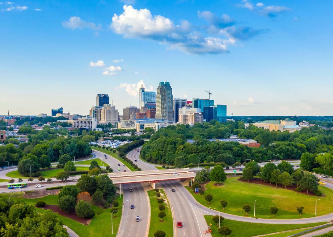 Aerial view of highways looking toward Raleigh and Cary.