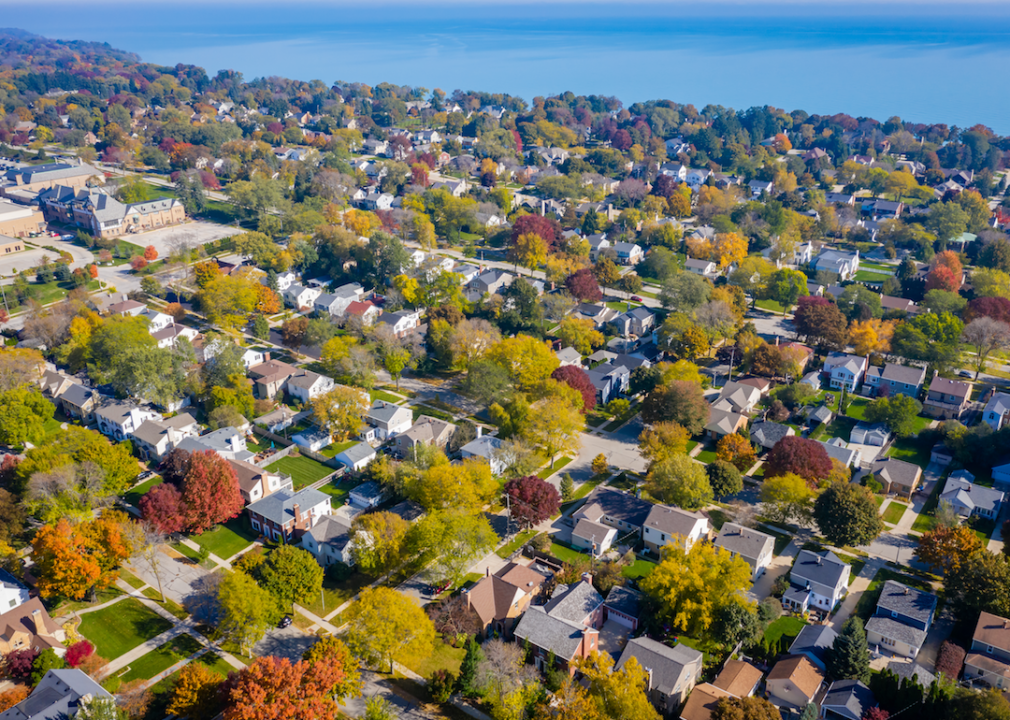 Aerial view of suburban houses and lake in autumn