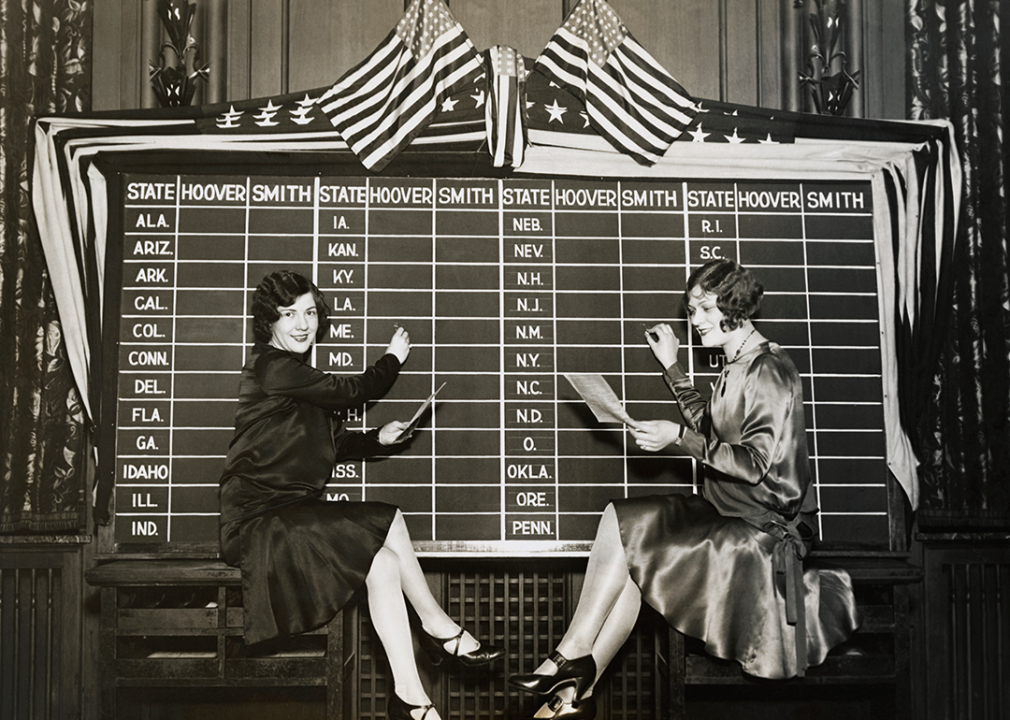 Two women mark election results on a board.