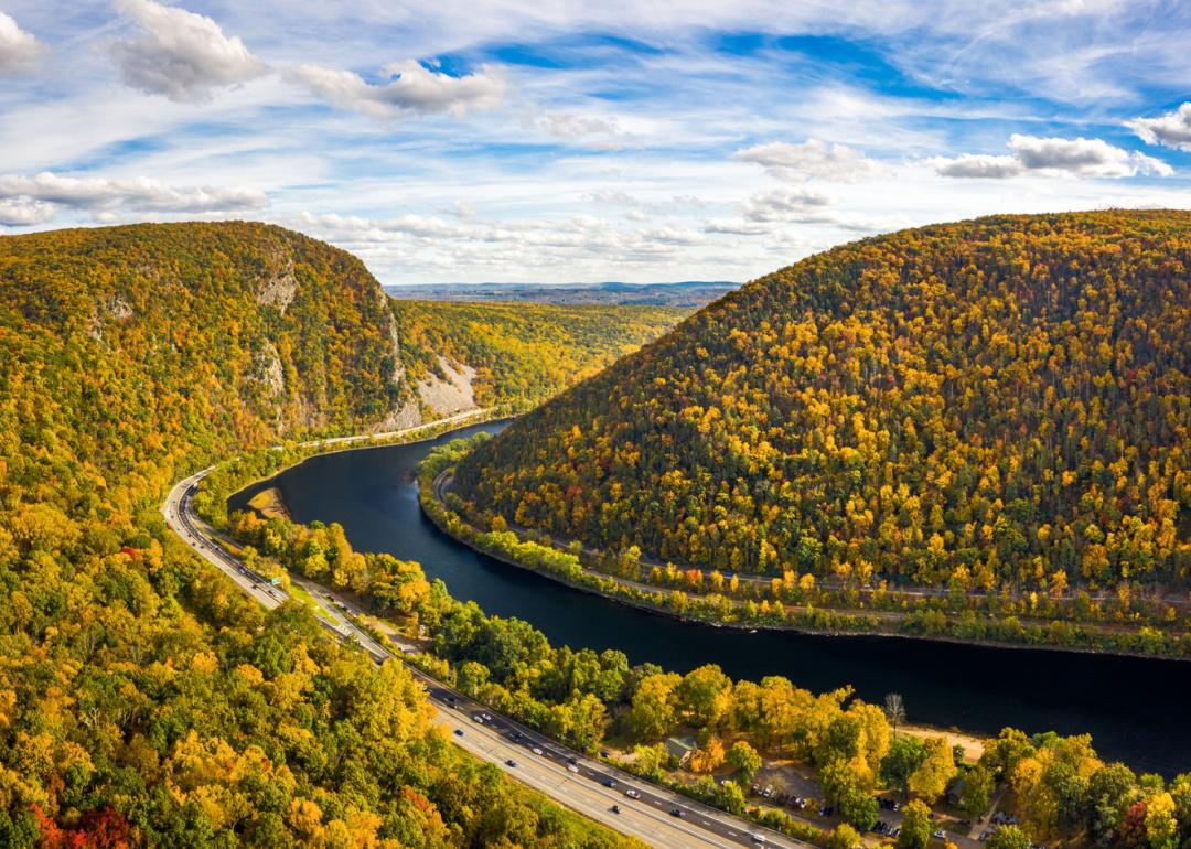 Aerial view of Delaware Water Gap on a sunny autumn day.