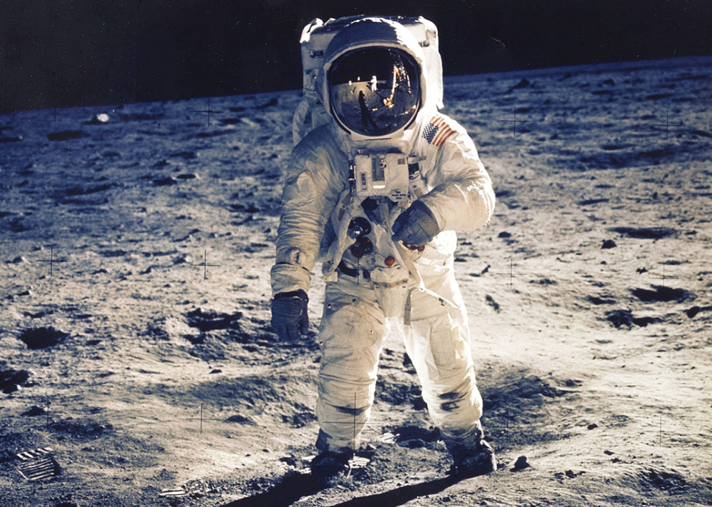 Buzz Aldrin standing on the moon.