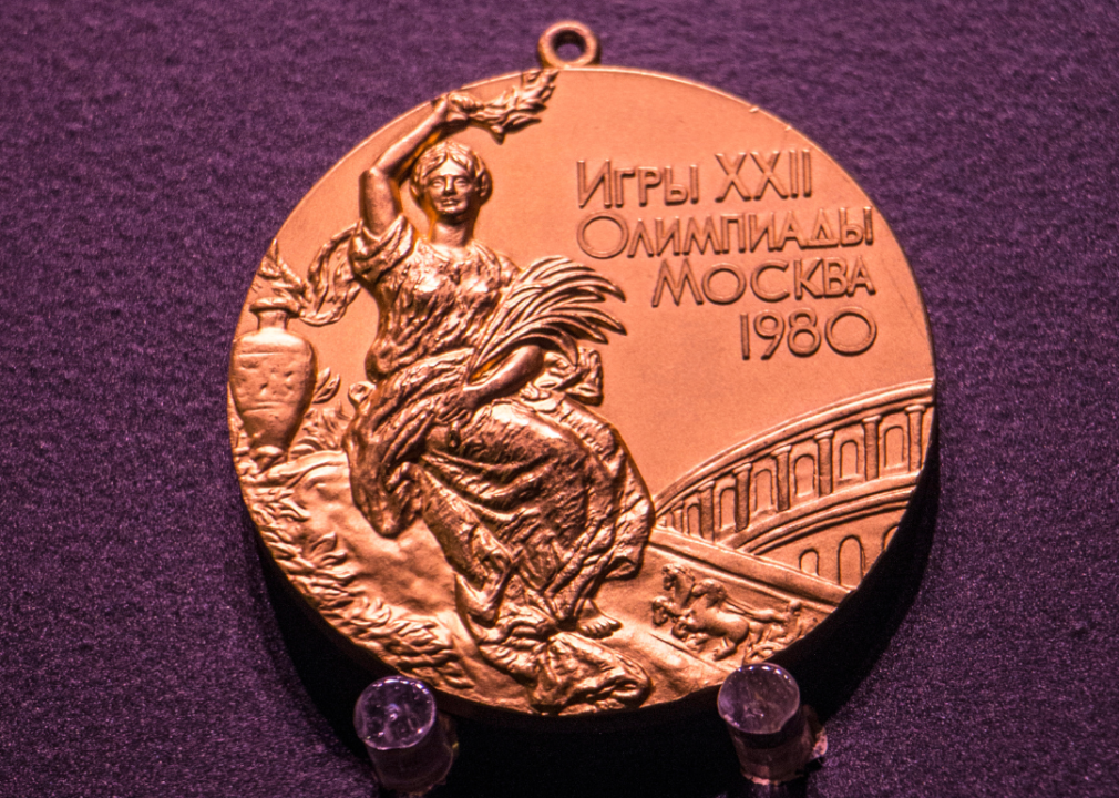 Close-up view of Moscow Olympic medal.