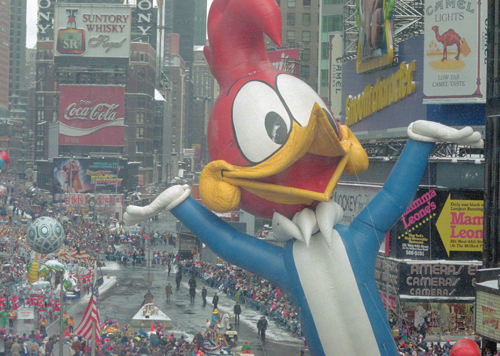 Woody Woodpecker balloon floating through Times Square.