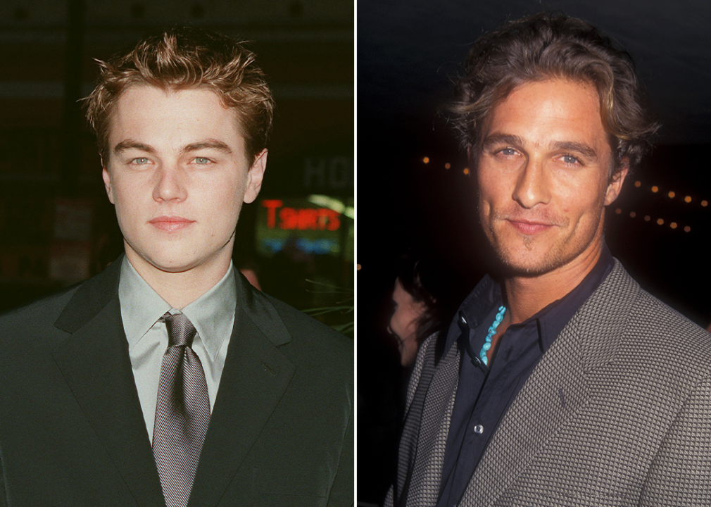 On left, Leonardo DiCaprio at ‘Titanic’ premiere; on right, Matthew McConaughey at ‘Seven Years in Tibet’ premiere in 1997.