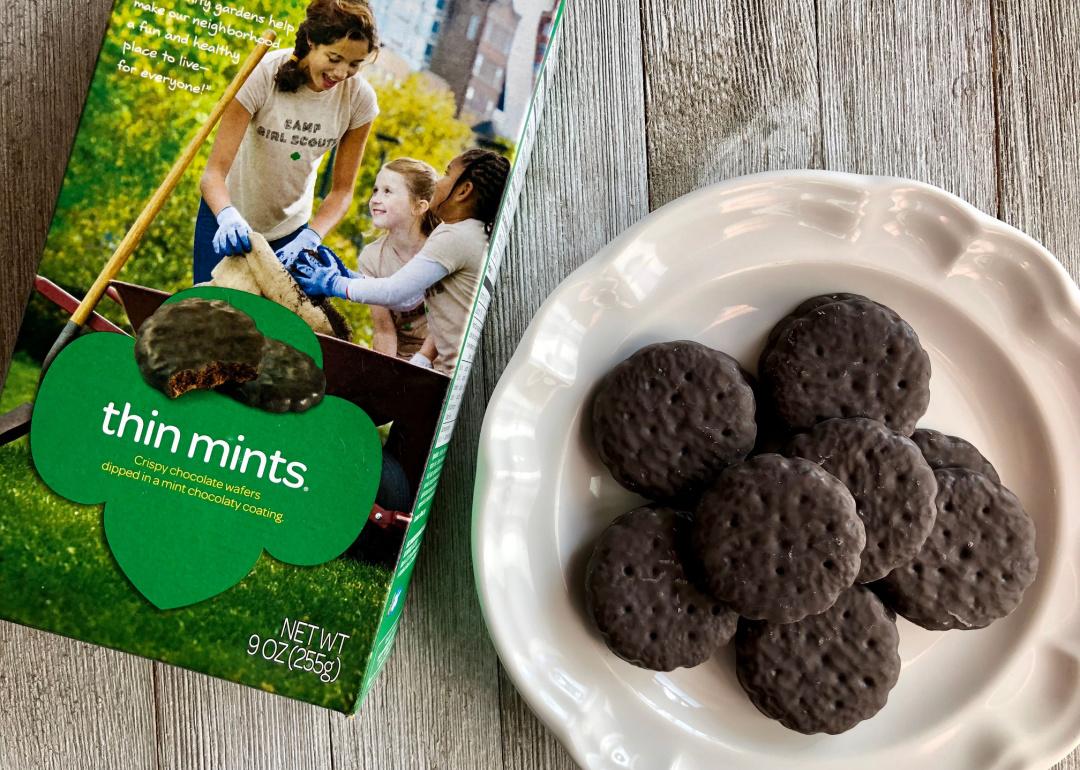 Plate of thin mint cookies displayed with Girl Scout cookie box.