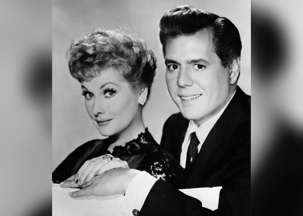 Lucille Ball and Desi Arnaz pose for a publicity photo.