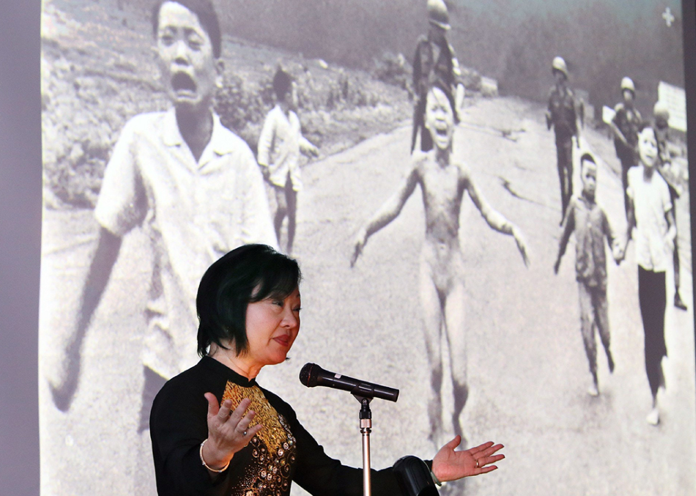Phan Thi Kim Phuc delivers her speech before her June 8, 1972 Pulitzer-Prize-winning photograph during the Vietnam war, during a lecture.