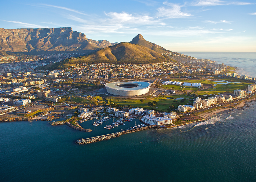 Aerial view of Cape Town with Table Mountain and Lions Head.