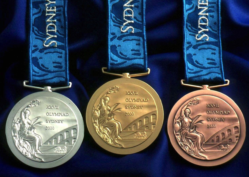 Set of Olympic Games Sydney 2000 medals on blue background.