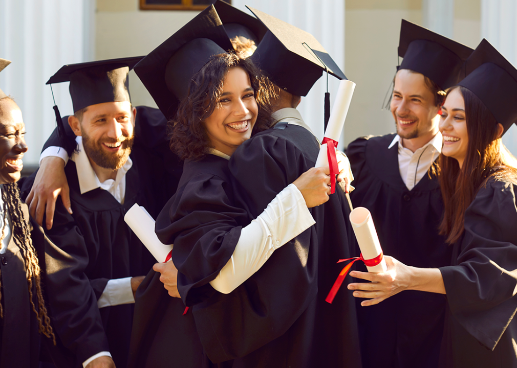 Graduates celebrating after commencement ceremony.