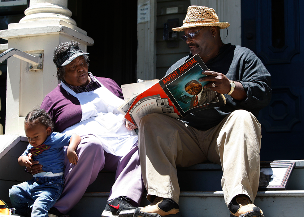 Community members share stories at a park in Oakland.