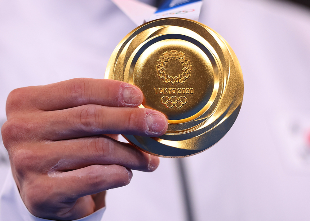 Close-up view of the gold medal awarded to Jeahwan Shin of Team South Korea.